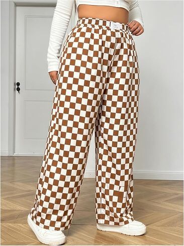 WDIRARA Women's Plus Size Checkered Baggy Pants High Waisted Wide Leg Trousers with Pockets in Saudi Arabia