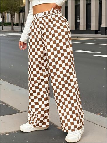 WDIRARA Women's Plus Size Checkered Baggy Pants High Waisted Wide Leg Trousers with Pockets in Saudi Arabia