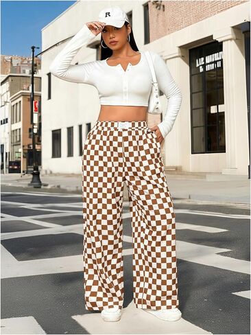 WDIRARA Women's Plus Size Checkered Baggy Pants High Waisted Wide Leg Trousers with Pockets in Saudi Arabia