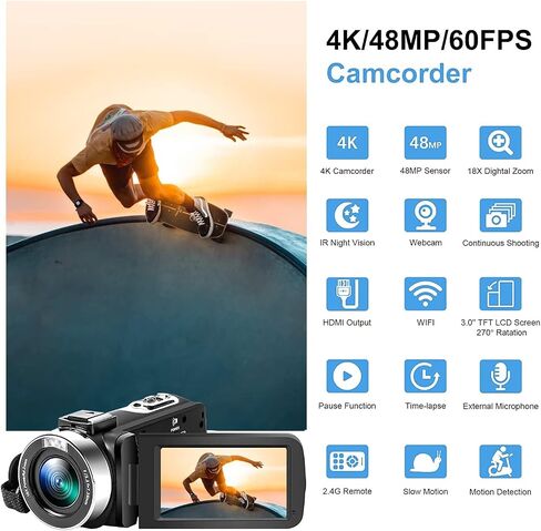 Acuvar Video Camera 4K Camcorder 48MP UHD WiFi IR Night Vision Vlogging Camera for YouTube, 18X Zoom 3.0“ LCD Screen Digital Camera with Microphone, 64GB Micro SD Card, Remote Control and 2 Batteries in Kuwait