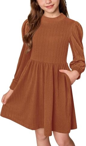 BesserBay Girls Fall Knit Textured Mock Neck Puff Long Sleeve Midi Dress with Pockets 6-14 Years in Saudi Arabia