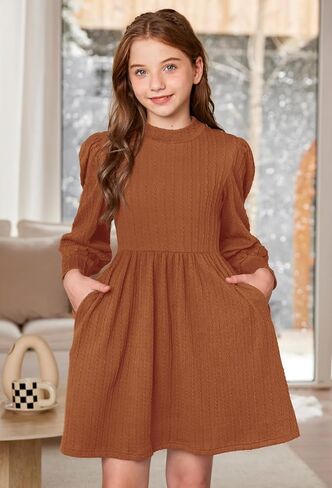 BesserBay Girls Fall Knit Textured Mock Neck Puff Long Sleeve Midi Dress with Pockets 6-14 Years in Saudi Arabia