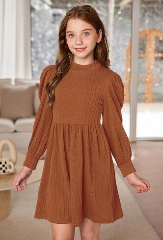 BesserBay Girls Fall Knit Textured Mock Neck Puff Long Sleeve Midi Dress with Pockets 6-14 Years in Saudi Arabia