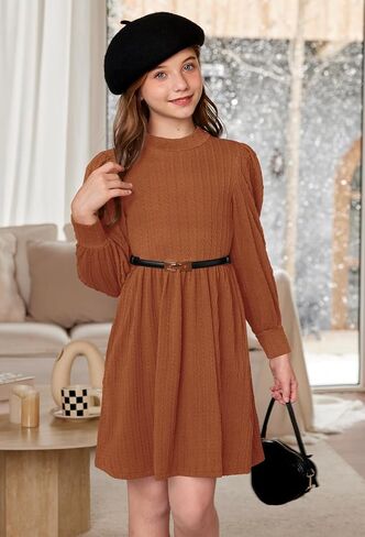 BesserBay Girls Fall Knit Textured Mock Neck Puff Long Sleeve Midi Dress with Pockets 6-14 Years in Saudi Arabia