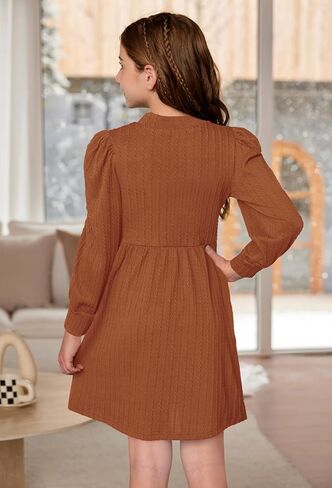 BesserBay Girls Fall Knit Textured Mock Neck Puff Long Sleeve Midi Dress with Pockets 6-14 Years in Saudi Arabia