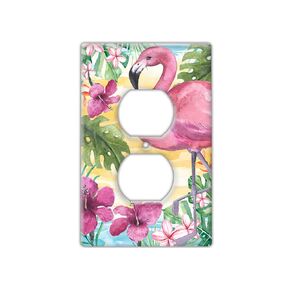 Decorative Wall Switch Cover Plate - Tropical Flamingos Decor Switch Plate - For Beach House With Pinks, Greens, Browns, and Some Blacks (Double Blank Cover)