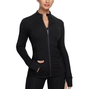 QUEENIEKE Women's Slim Fit Workout Jackets - Zip Up Athletic Running Jacket with Color-blocked Mesh & Thumb Holes