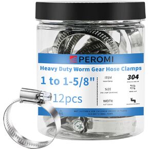 Hose Clamps, PEROMI 304 Stainless Steel Worm Gear Drive Mini Hose Clamp Adjustable Range 1" to 1-5/8", Heavy Duty Metal Fuel Line Pipe Clamp for Plumbing, Automotive And Mechanical,12pcs