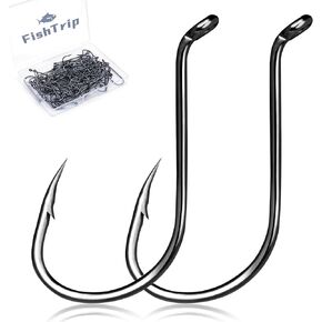 FishTrip Octopus Hooks Fishing Saltwater - 100pcs/50pcs Offset Beak Fish Hooks/Closed Eye/Barded/Black for Fishing Rigs Bass Catfish