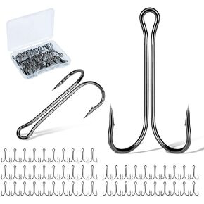 Piscorush 50pcs Fishing Double Hooks Set Classic High Carbon Steel Dual Frog Hooks Barb Fishing Bait Hooks Saltwater Freshwater 12#-5/0
