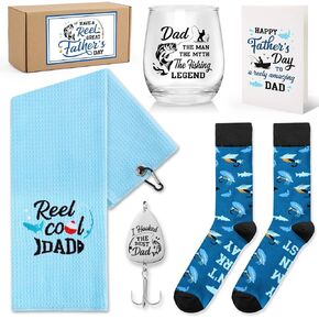 Fathers Day Fishing Gift Set Fishing Lure Dad Fishhook Fishing Metal Jig Glass Towel Socks Card Fisherman Gift Appreciation Present Thank You Gift for Dad Father Papa Fishing Lover Set of 5
