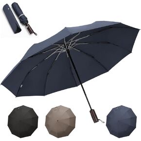 bohunono Compact travel umbrellas for Rain windproof,Folding Umbrella for Backpack with Wooden Handle,10 Ribs,Automatic Open Close,Portable Heavy Large for Men,Women