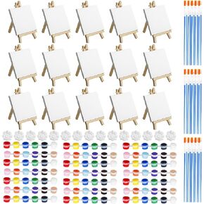 15 Set Mini Canvas and Easel Set, 4 x 4 inch Mini Canvas and Stretched Easel + Acrylic Paints + Brushes + Palettes, Mini Acrylic Paint Set Small Art Canvases Painting Kit for Kids Party Favors