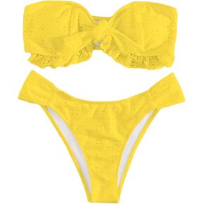 Floerns Women's 2 Piece Bathing Suit Ruffle Hem Bandeau Tie Front Bikini Set