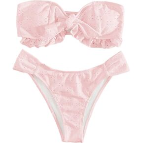 Floerns Women's 2 Piece Bathing Suit Ruffle Hem Bandeau Tie Front Bikini Set
