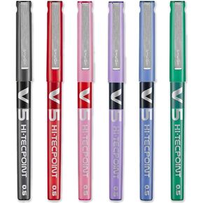Pilot V5 Hi-Tecpoint Pen, Pack of 6 - Fine 0.5mm Nib Tip - Liquid Ink - 0.3mm Line Width - Black, Blue, Red, Green, Violet & Pink