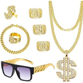 GIFIKOI 80s 90s Hip Hop Costume Outfit Kit Fake Gold Bracelet Dollar Sign Necklace Kanji Ring Sunglasses Rapper Costume Accessories Set