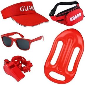 Guard Costume Set: Red Sun Visor Hat, Fanny Pack with First Aid Zipper Pouch, Inflatable Float Prop, Glasses, Whistle