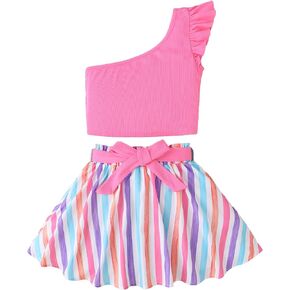 Floerns Girl's 2 Piece Outfit Ruffle Trim One Shoulder Tank with Skirt Set