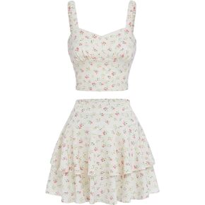 BEAUDRM Girl's 2 Piece Floral Print Sleeveless Shirred Cami Top and Tiered Layer Ruffle Hem Skirt Sets