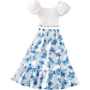 OYOANGLE Girl's 2 Piece Outfits Short Puff Sleeve Shirred Blouse and Floral Print Ruffle Hem A Line Skirt Set