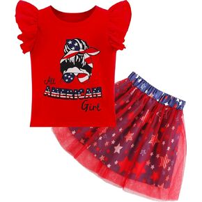 RETSUGO Baby Girls 4th of July Outfit Tulle Tutu Skirts Set Toddler Kids American Flag Heart Print Dress 2-8 Years Old