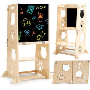 FOBIG Collapsible Toddler Kitchen Step Stool With Chalkboard, Safety Rail, and Standing Tower for Kids 1-3