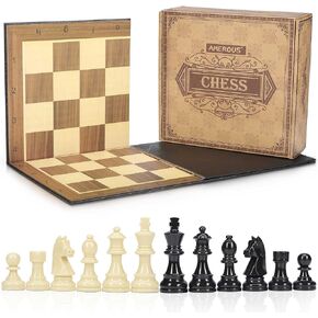 AMEROUS Upgraded Weighted Chess Pieces with 3.0 Inch King / Extra Bonus Folding Portable 15 inch Chess Board / 2 Extra Queens / 2 Storage Bag for Chessmen / Chess Board Game for Beginner