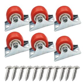 Floyutin 1 inch Rigid No-Swivel Plate Casters Small Rubber Wheels for Furniture and Workbench 6 Packs(Free Screws), Red (PVC)