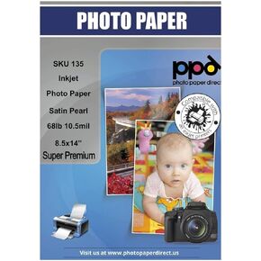 ورق صور PPD Inkjet Satin Pearl Luster Super Premium قانوني 8.5 × 14 بوصة 68 رطل 255 جرامًا للمتر المربع 10.5 مل × 50 ورقة (PPD135-50)