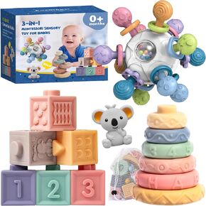 Montessori Baby Toys 3-in-1 Set for Sensory Development, Teething Toys, and Early Education - Gift for Toddler Baby 0-3-6-12-18 Months