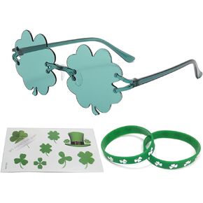 Ywong St. Patrick's Day Glasses, St. Patcks Day Green Shamrock Ish Clover Sunglasses with Patricks Day Silicone Bracelet Sticker Green Clover Glasses for Kids and Adults