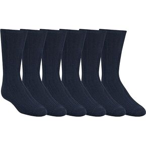 Boys 6 Pair Multi Pack Soft Cotton Solid Dress, Uniform Ribbed Crew Socks Navy Size Medium, Boys 7-10Y, Shoe Size 13-4