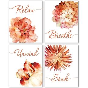IIILUYOT 4Pcs Bathroom Wall Art Decor Flowers Unframed Poster Prints Relax, Soak, Unwind, Breathe, Bathroom Wall Decor Art Painting for Bedroom Office Corridor Locker Spa Woman Girl Bedroom (8"x10")