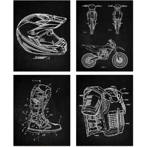 MOOXO Motorcycle Dirt Bike Patent Wall Art, Vintage Motocross Canvas Posters, Helmet Body Armor Motorbike Boots Art Prints for Man Cave Garage Home Decor, Set of 4(8"x10" Unframed)