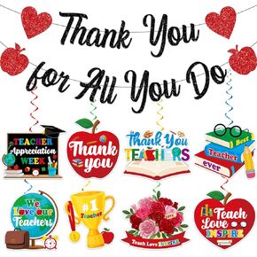 Teacher Appreciation Decorations, NO-DIY Teacher Appreciation Banner Include 1 Pc Thank You for All You Do Banner and 8 Pcs Teacher Appreciation Week Hanging Decorations, Thank You Teachers Banner