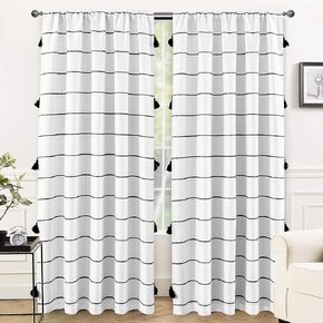 DriftAway Tassel Stripe Lined Blackout Room Darkening Boho Window Curtains 84 Inches Long Rod Pocket Drapes for Living Dining Room Bedroom Thermal Window Treatment 2 Panels