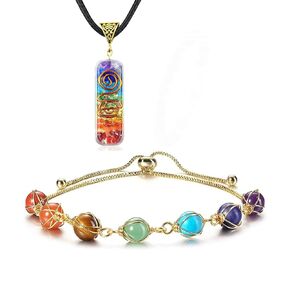 7 Chakra Necklace and Bracelet Set Healing stones bracelet Orgone Healing Pendant 14K Gold Wire Wrapped Crystals Bracelet for Woman – Chakra Necklace and bracelet jewelry set for spiritual healing
