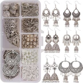 SUNNYCLUE 1 Box DIY 6 Pairs Vintage Ethnic Indian Dangle Earrings Making Kit Jhumka Jhumki Bollywood Gypsy Oxidized Chandelier Jewelry Craft Supplies for Beginners Instruction