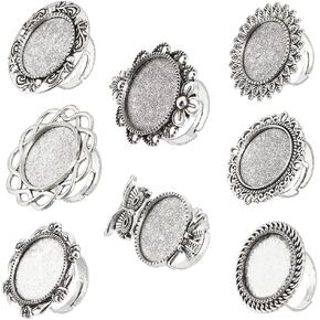 SUNNYCLUE 16Pcs 8 Style Silver Ring Blanks 20mm Adjustable Ring Bezels Settings Flower Owl Flat Round Vintage Alloy Finger Rings Base Components Findings for Jewelry Making Ring Supplies DIY Crafts