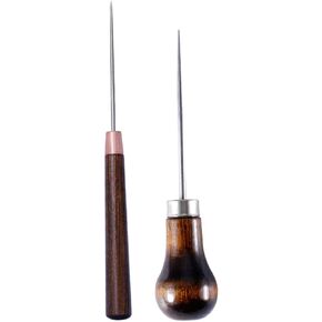 SEWACC 2pcs Handmade Wooden Handle Awl Restorer Tool Leathercraft Hole Punch Punching Hole Maker DIY Sewing Awls Stitching Leather Pin Work Tools Wooden Handle Prickers Needle Repair