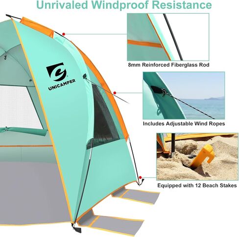 خيمة الشاطئ Unicamper 3 أشخاص مأوى للشمس بعامل حماية من أشعة الشمس 50+ مع أرضية بولي إيثيلين ممتدة مقاومة للماء و3 نوافذ قابلة للطي، مظلة شاطئ محمولة سهلة الإعداد للتخييم في الهواء الطلق، في الداخل، صيد الأسماك، الفناء. (أخضر) in Kuwait