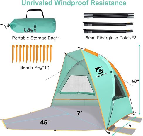 خيمة الشاطئ Unicamper 3 أشخاص مأوى للشمس بعامل حماية من أشعة الشمس 50+ مع أرضية بولي إيثيلين ممتدة مقاومة للماء و3 نوافذ قابلة للطي، مظلة شاطئ محمولة سهلة الإعداد للتخييم في الهواء الطلق، في الداخل، صيد الأسماك، الفناء. (أخضر) in Kuwait