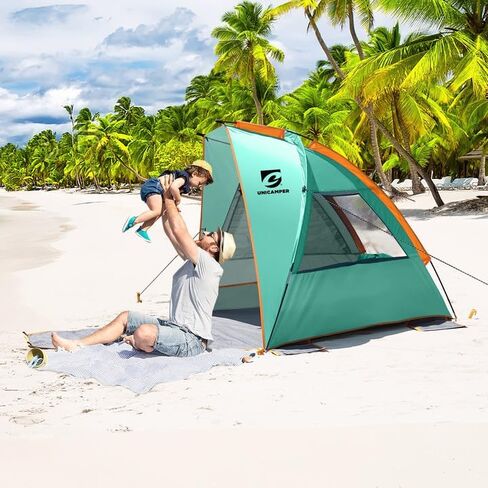 خيمة الشاطئ Unicamper 3 أشخاص مأوى للشمس بعامل حماية من أشعة الشمس 50+ مع أرضية بولي إيثيلين ممتدة مقاومة للماء و3 نوافذ قابلة للطي، مظلة شاطئ محمولة سهلة الإعداد للتخييم في الهواء الطلق، في الداخل، صيد الأسماك، الفناء. (أخضر) in Kuwait