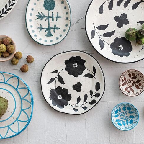 Creative Co-Op Organically Shaped Edge Stoneware Floral Design, Black and White Plate in Saudi Arabia