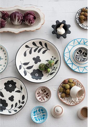 Creative Co-Op Organically Shaped Edge Stoneware Floral Design, Black and White Plate in Saudi Arabia