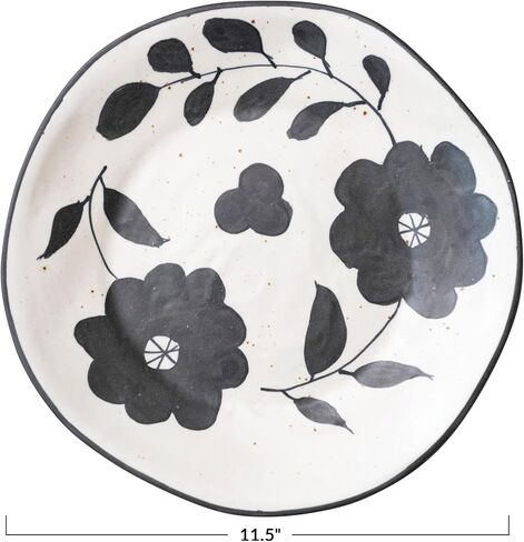 Creative Co-Op Organically Shaped Edge Stoneware Floral Design, Black and White Plate in Saudi Arabia