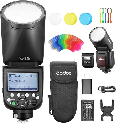 طقم فلاش Godox V1 Pro لكاميرا نيكون، Godox V1-N PRO 2.4G HSS TTL Round Head Speedlite مع ناشر، فلاش فرعي قابل للفصل، مصباح تشكيل، شحن من النوع C، وقت إعادة التدوير 1.3 ثانية، 100 ومضة مستمرة in Saudi Arabia