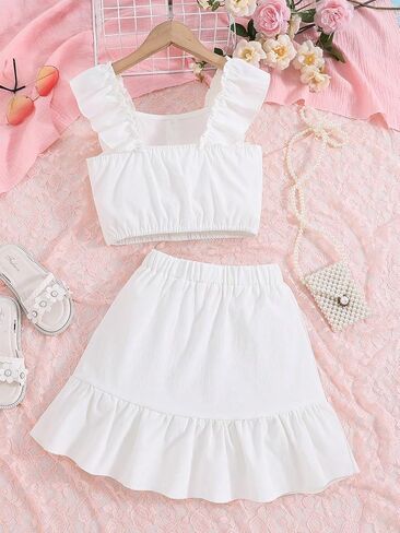 Floerns Girl's 2 Piece Outfit Buttoned Ruffle Tank Top and Elastic Waist Skirt Set in Saudi Arabia