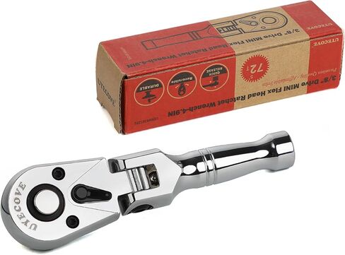 UYECOVE 3/8 Inch Drive Stubby Ratchet, Flex Head Ratchet 3/8 Stubby Ratchet Mini Ratchet Wrench, Socket Wrench, 72 Tooth Quick Release Cr-Mo Head -4.9"/125mm in Kuwait